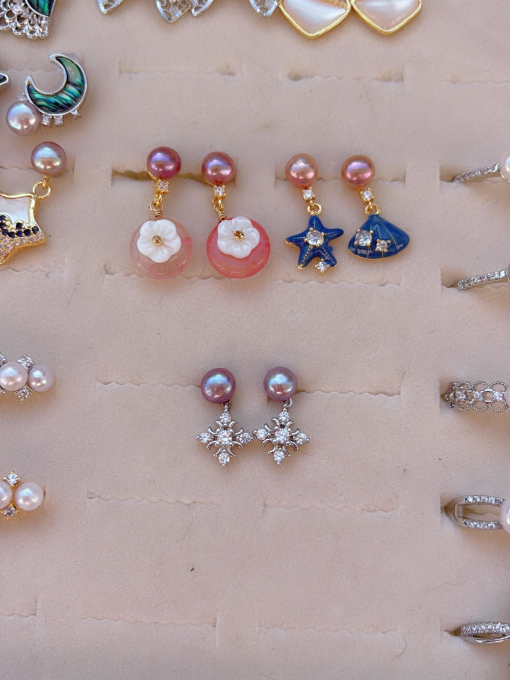 Pearl Drop Earrings with charms | shells | stars | snowflakes | Flowers | Purple